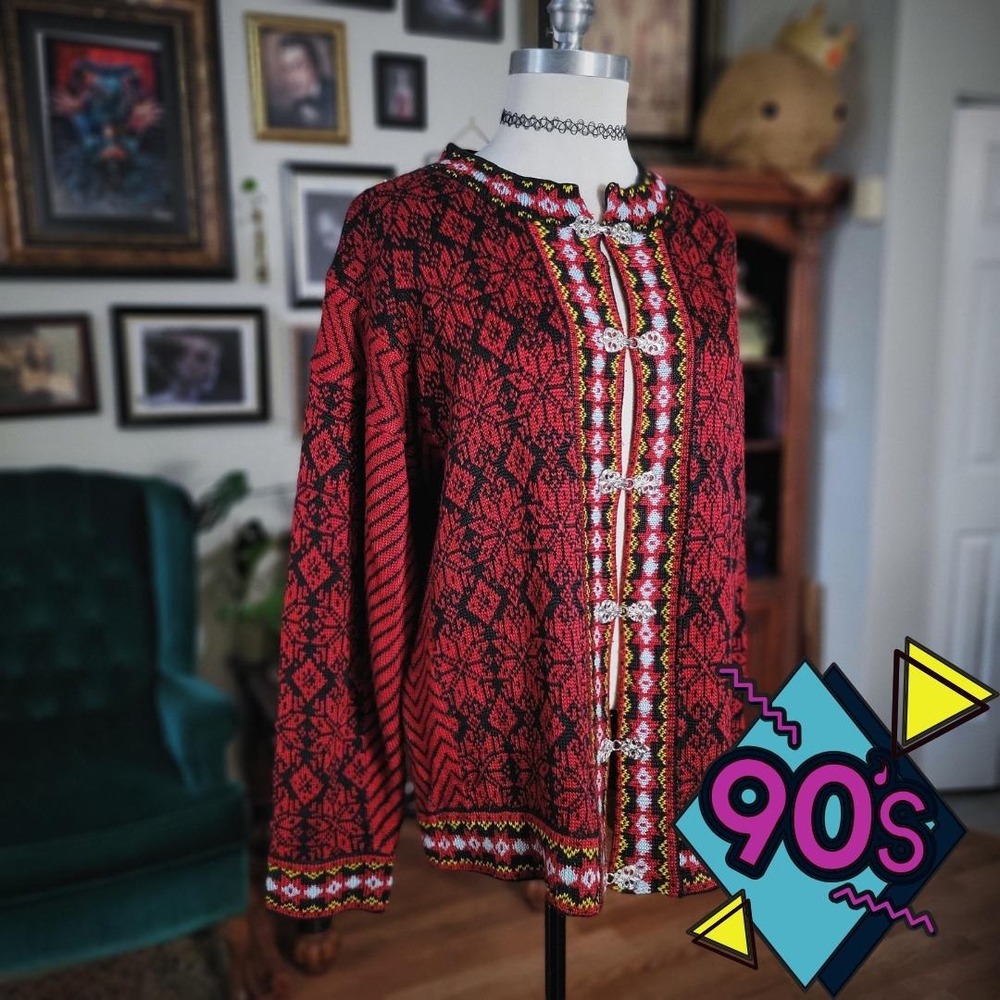 B Young Nordic Knit Cardigan Fair Isle Red Black Vintage 90s Wool Blend‎ Sweater